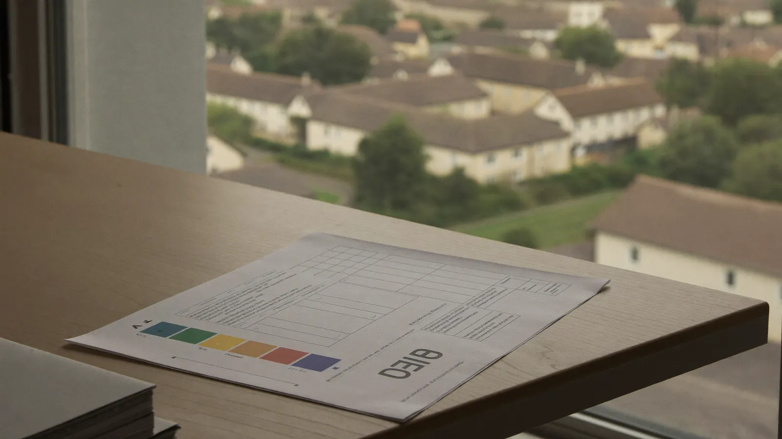 Rapport de diagnostic de performance énergétique posé sur une table, près d'une fenêtre donnant sur Laval